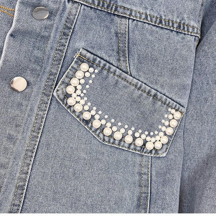 Women's Casual Beading Pearls Denim Jacket Long Sleeves Denim Jean Jacket