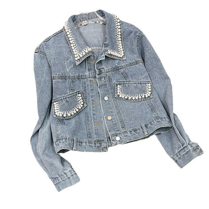 Women's Casual Beading Pearls Denim Jacket Long Sleeves Denim Jean Jacket