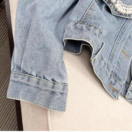 Women's Casual Beading Pearls Denim Jacket Long Sleeves Denim Jean Jacket