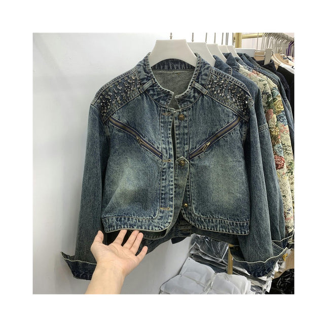 Women's Cropped Jean Jacket Casual Long Sleeve Denim Jacket