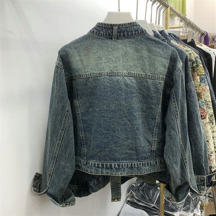 Women's Cropped Jean Jacket Casual Long Sleeve Denim Jacket