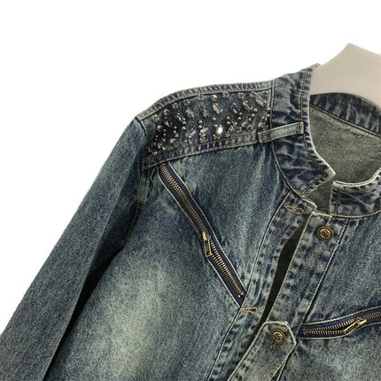 Women's Cropped Jean Jacket Casual Long Sleeve Denim Jacket