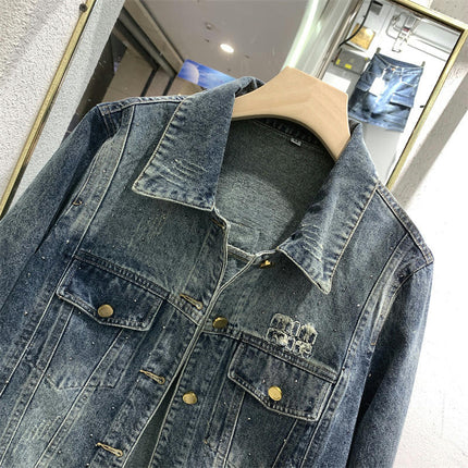 Women's Button Down Denim Jacket Long Sleeves Cropped Jean Jacket