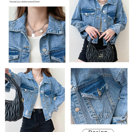 Women's Ripped Denim Jacket Long Sleeve Button Down Distressed Cropped Jean Jacket