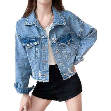 Women's Ripped Denim Jacket Long Sleeve Button Down Distressed Cropped Jean Jacket