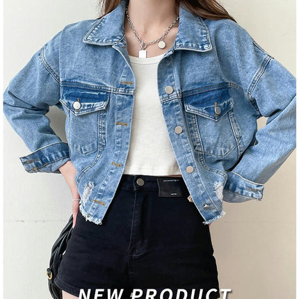 Women's Ripped Denim Jacket Long Sleeve Button Down Distressed Cropped Jean Jacket