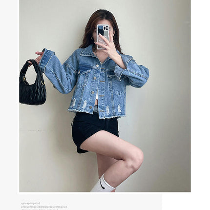 Women's Ripped Denim Jacket Long Sleeve Button Down Distressed Cropped Jean Jacket