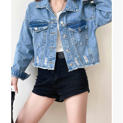 Women's Ripped Denim Jacket Long Sleeve Button Down Distressed Cropped Jean Jacket