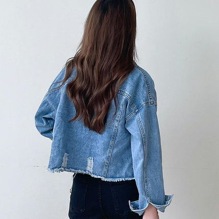 Women's Ripped Denim Jacket Long Sleeve Button Down Distressed Cropped Jean Jacket