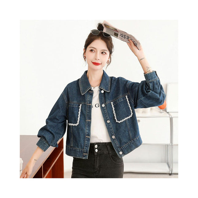 Women's Casual Beading Pearls Jean Jacket Long Sleeves Denim Jacket