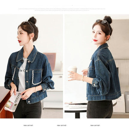 Women's Casual Beading Pearls Jean Jacket Long Sleeves Denim Jacket