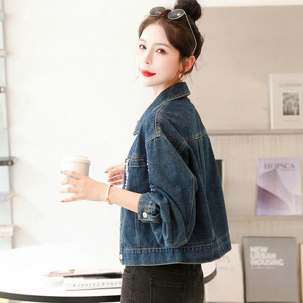 Women's Casual Beading Pearls Jean Jacket Long Sleeves Denim Jacket