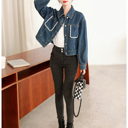 Women's Casual Beading Pearls Jean Jacket Long Sleeves Denim Jacket