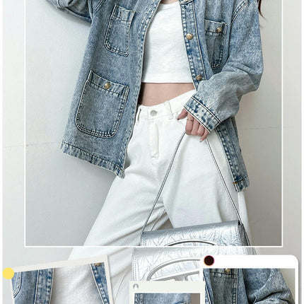 Casual Denim Jacket for Women Round Neck Long Sleeve Jean Jackets