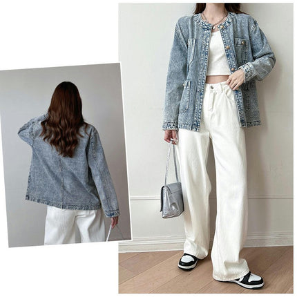 Casual Denim Jacket for Women Round Neck Long Sleeve Jean Jackets