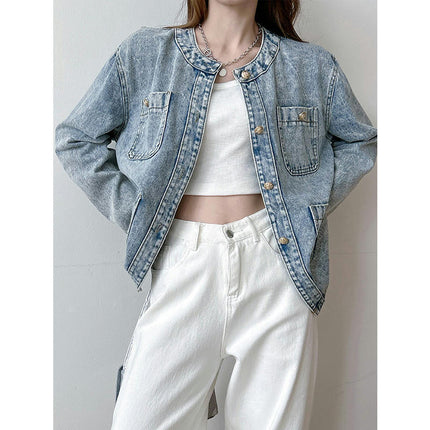 Casual Denim Jacket for Women Round Neck Long Sleeve Jean Jackets