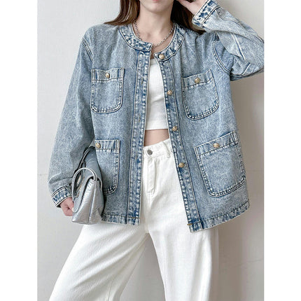 Casual Denim Jacket for Women Round Neck Long Sleeve Jean Jackets