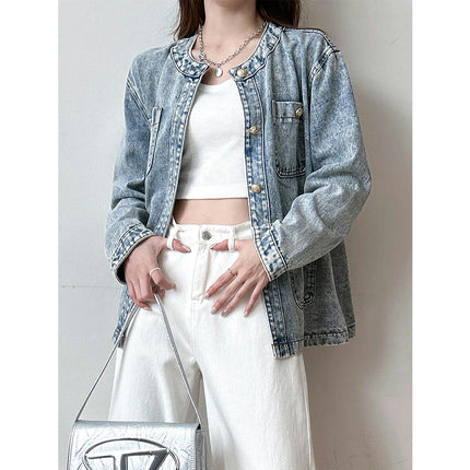 Casual Denim Jacket for Women Round Neck Long Sleeve Jean Jackets