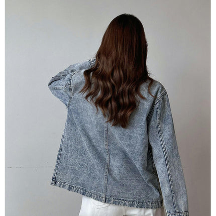 Casual Denim Jacket for Women Round Neck Long Sleeve Jean Jackets