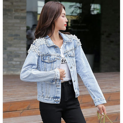 Women Casual Denim Jacket Embroidered Pearls Beading Jeans Coat