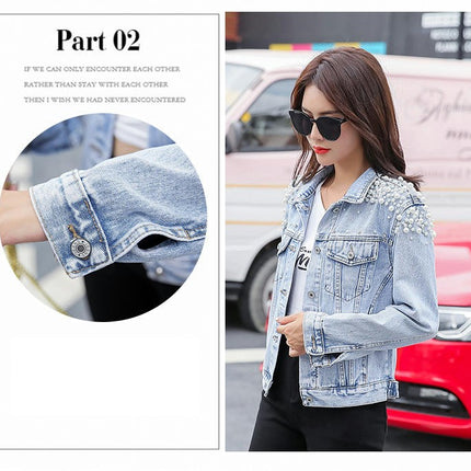 Women Casual Denim Jacket Embroidered Pearls Beading Jeans Coat