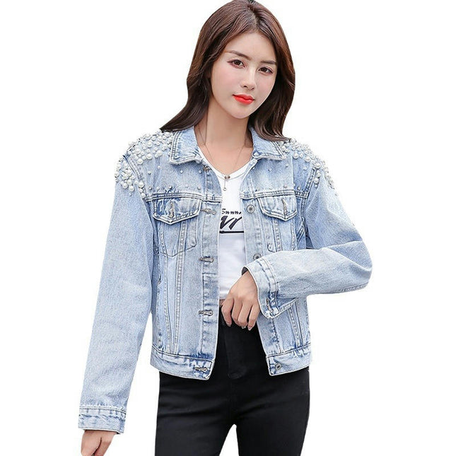 Women Casual Denim Jacket Embroidered Pearls Beading Jeans Coat