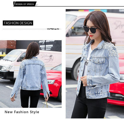 Women Casual Denim Jacket Embroidered Pearls Beading Jeans Coat