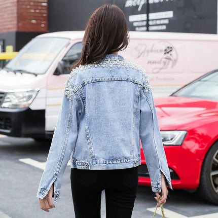 Women Casual Denim Jacket Embroidered Pearls Beading Jeans Coat