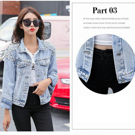 Women Casual Denim Jacket Embroidered Pearls Beading Jeans Coat