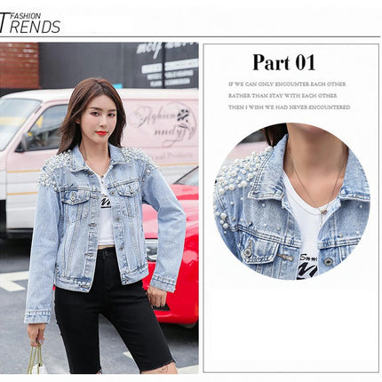 Women Casual Denim Jacket Embroidered Pearls Beading Jeans Coat