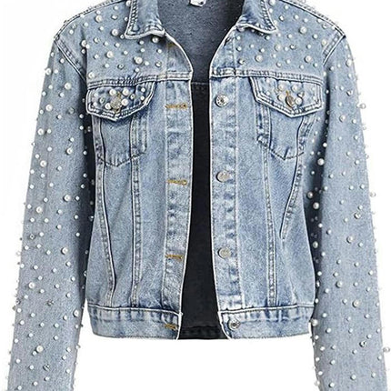 Women's Casual Embroidered Pearl Denim Jacket Short Jean Coat