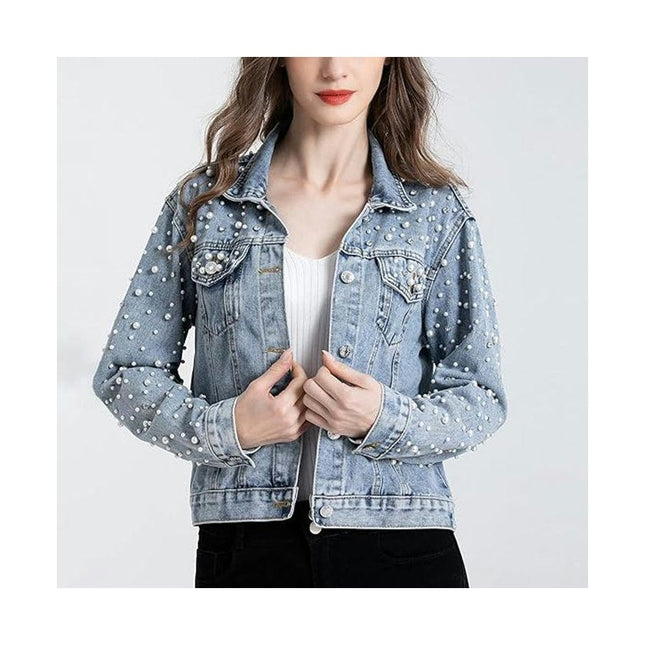 Women's Casual Embroidered Pearl Denim Jacket Short Jean Coat