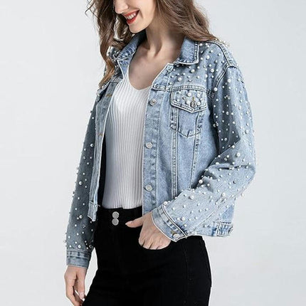 Women's Casual Embroidered Pearl Denim Jacket Short Jean Coat