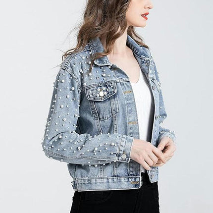 Women's Casual Embroidered Pearl Denim Jacket Short Jean Coat