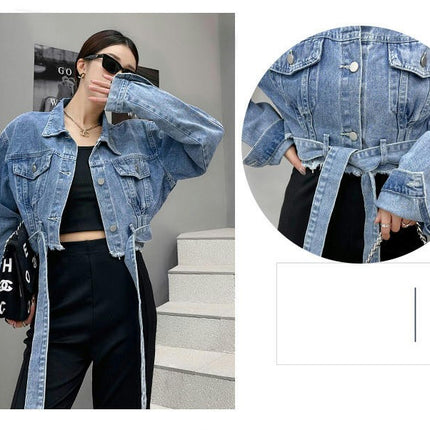 Jean Jacket for Women Raw Hem Washed Button Up Cropped Denim Jacket