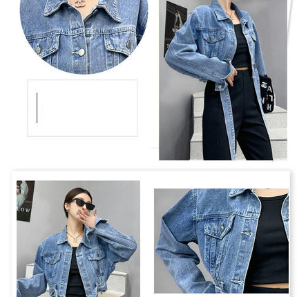 Jean Jacket for Women Raw Hem Washed Button Up Cropped Denim Jacket