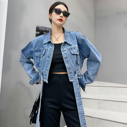 Jean Jacket for Women Raw Hem Washed Button Up Cropped Denim Jacket