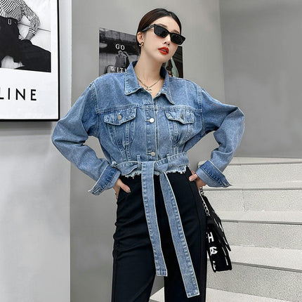 Jean Jacket for Women Raw Hem Washed Button Up Cropped Denim Jacket