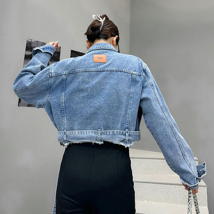 Jean Jacket for Women Raw Hem Washed Button Up Cropped Denim Jacket