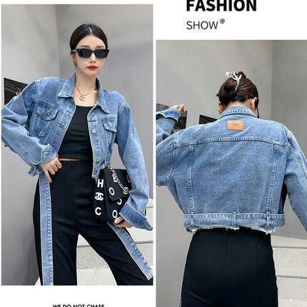 Jean Jacket for Women Raw Hem Washed Button Up Cropped Denim Jacket