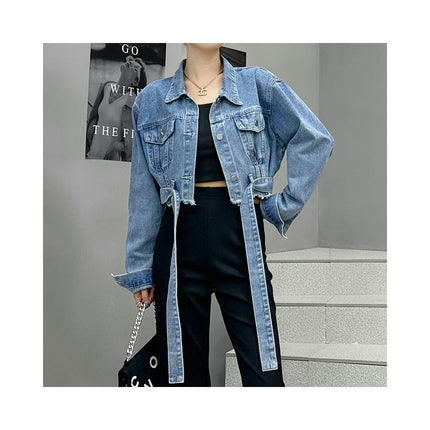 Jean Jacket for Women Raw Hem Washed Button Up Cropped Denim Jacket