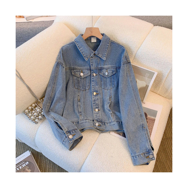 Women's Casual Cropped Jean Denim Jacket Button Down Long Sleeve with Pockets