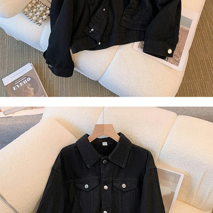 Women's Casual Cropped Jean Denim Jacket Button Down Long Sleeve with Pockets