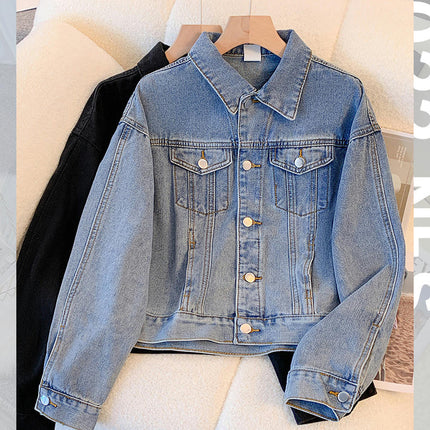 Women's Casual Cropped Jean Denim Jacket Button Down Long Sleeve with Pockets