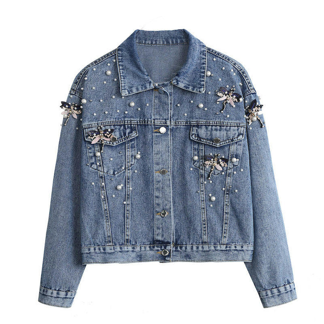 Women's Long Sleeve Jean Jacket Embroidered Rivet Pearl Denim Jacket Coat