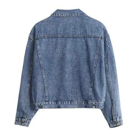 Women's Long Sleeve Jean Jacket Embroidered Rivet Pearl Denim Jacket Coat