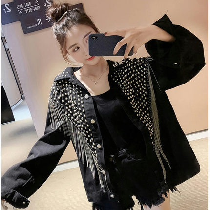 Casual Tassel Denim Jacket for Women Fashion Fringe Rhinestone Cowgirl Studded Jean Coats