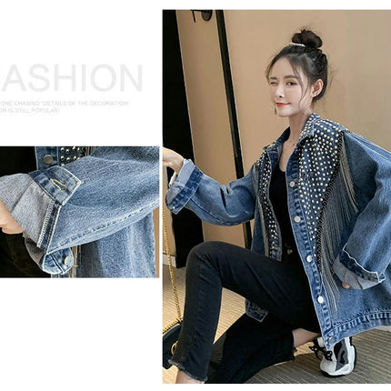 Casual Tassel Denim Jacket for Women Fashion Fringe Rhinestone Cowgirl Studded Jean Coats