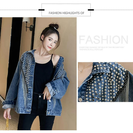 Casual Tassel Denim Jacket for Women Fashion Fringe Rhinestone Cowgirl Studded Jean Coats