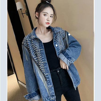 Casual Tassel Denim Jacket for Women Fashion Fringe Rhinestone Cowgirl Studded Jean Coats